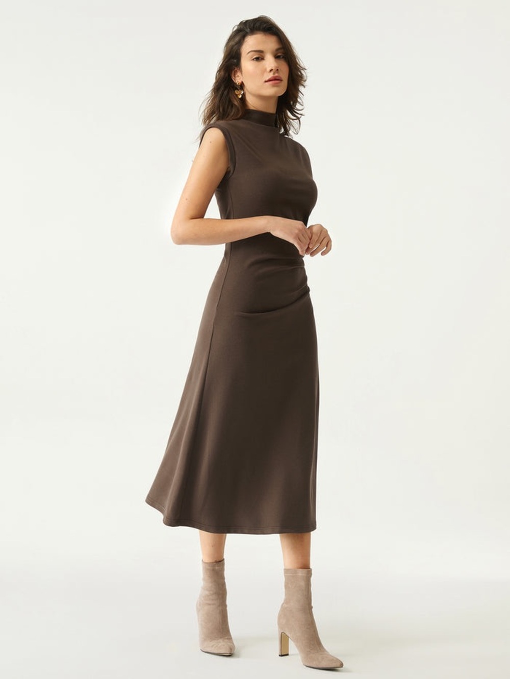 OGL Sleeveless Mockneck Tucks Midi Dress